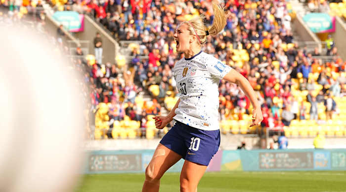 USWNT midfielder Lindsey Horan celebrates her game-tying goal against the Netherlands at the Women’s World Cup.